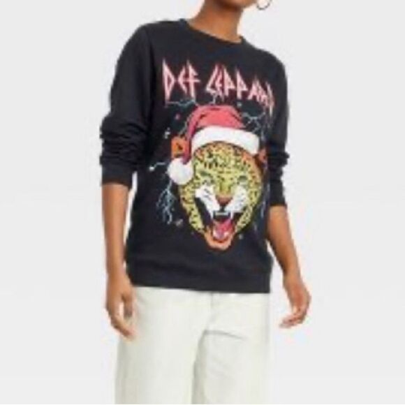NWT Def Leppard Women Christmas Holiday Black Graphic Sweatshirt L Large - Picture 1 of 8